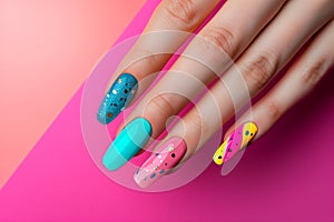 Multi-colored pastel manicure combined tone on tone with a striped background.Nail art. Female hands with trendy colorful French