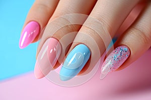 Multi-colored pastel manicure combined tone on tone with a striped background.Nail art. Female hands with trendy colorful French