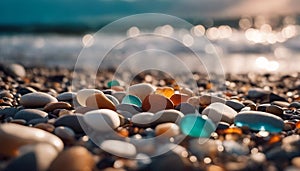 Multi-colored pebbles. Smooth rocks on the sea shore. Marine stones at sunset. AI generated
