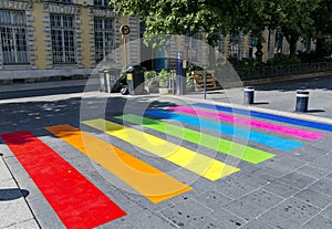 Multi-colored pedestrian crossings in the center of Bordeaux