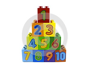 Multi-colored plastic constructor with numbers 1, 2, 3 ... and 10 are located in a pyramid. The development of young children. Whi