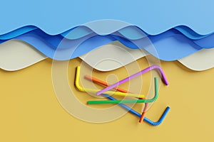 Multi-colored plastic straws on a beach made by papercut sea waves and sand