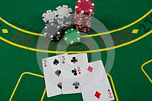 Multi-colored poker cards, chips laid out on a new green poker table. Poker concept