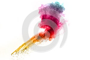 Multi colored powder explosion on white background.