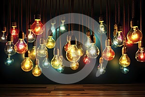 Multi-colored retro light bulbs. Generative AI