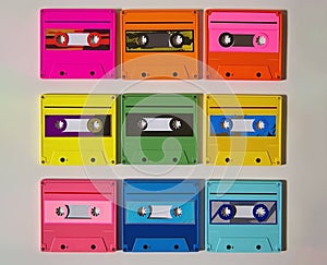 Multi-colored, retro, old audio cassettes on a beige background, 80 years old, top view