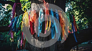 Multi-colored ribbons on an ancient tree, each symbolizing resilience and survival from torture. International Day in