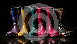 Multi colored rubber boots reflect nature wet and muddy autumn season generated by AI