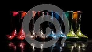 Multi colored rubber boots in a row on wet black background generated by AI