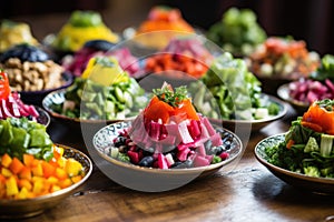 multi-colored salads with vegetable dreidels on top