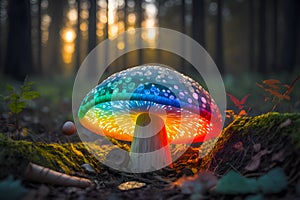 Multi-colored saturated mushroom lonely in the twilight forest. Generative AI