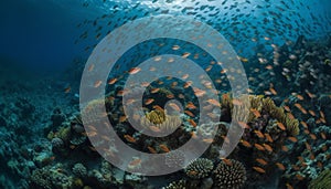 Multi colored school of fish swim below beautiful coral reef generated by AI