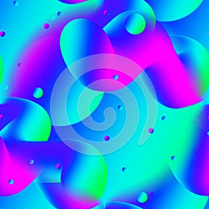 Multi-colored seamless abstraction with liquids and balls on a gradient background. 3D image with green, turquoise, purple