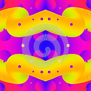 Multi-colored seamless mirror abstraction with symmetrical yellow and pink liquids and balls on a gradient background. 3D image