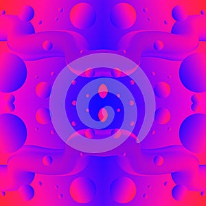 Multi-colored seamless symmetrical abstraction with liquids and balls on a gradient background. Mirror 3D image with red, pink
