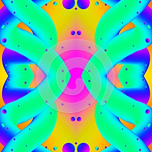 Multi-colored seamless symmetrical abstraction with liquids and balls on a gradient background of orange and pink colors.