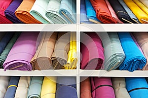 Multi-colored skeins of fabric on shelves in the store