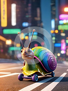 a multi-colored snail rides a skateboard among the road in a big city. speed concept