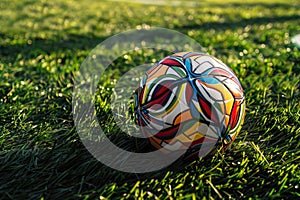 A multi-colored soccer ball casts a soft shadow on the textured grass during a sunset, evoking the joy of sports