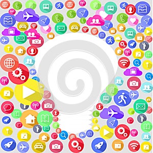 Multi Colored social media icon surface with a light bulb shape element background