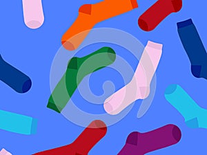 Multi-colored socks on a blue background, pattern.