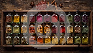 A multi colored spice collection in jars for healthy cooking variation generated by AI