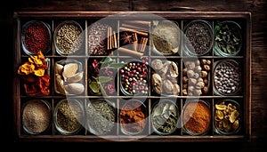 Multi colored spice collection in wooden bowl offers healthy seasoning variety generated by AI