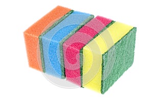 Multi-colored sponges for washing dishes.