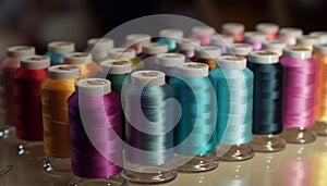 Multi colored spools of thread arranged in a vibrant rainbow pattern generated by AI