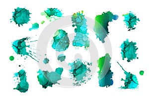 Multi-colored spray of mud, droplets of mucus, blots. For packaging, brochures, design. A set of multi-colored emerald