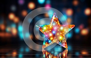 Multi-colored star with ice lights on a blurred background with bokeh. Party and disco concept.