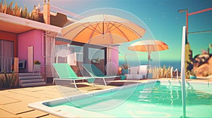 Multi-colored sun loungers with umbrellas by the pool near the house. AI generated.