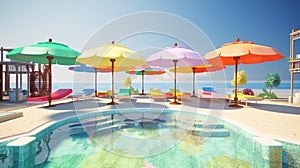 Multi-colored sun loungers with umbrellas by the pool near the house. AI generated.