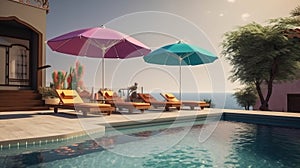 Multi-colored sun loungers with umbrellas by the pool near the house. AI generated.