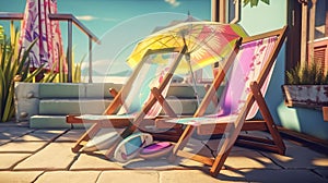 Multi-colored sun loungers with umbrellas by the pool near the house. AI generated
