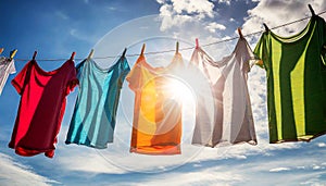 Multi colored T-shirts Hanging on a Clothesline Against a Blue Sky and Sun - Generative Ai