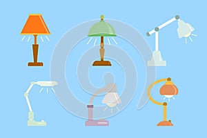 Multi-colored table lamp icons on a blue background.