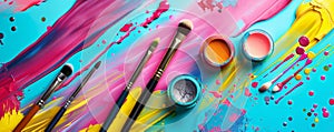 A multi-colored table with makeup products and brushes arranged in an artistic manner. The vibrant