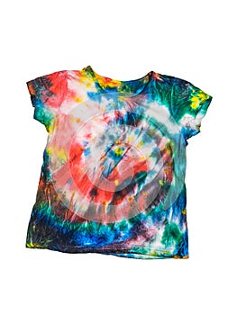 Multi-colored tie dye t-shirt isolated on a white background.