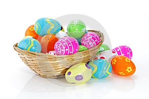 Multi-colored toy easter eggs in a basket on white