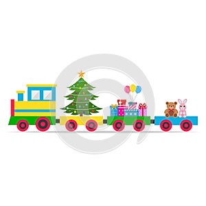 Multi-colored toy train with a Christmas tree, gifts and toys on a white background