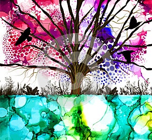 A multi-colored tree. Mixed media. Hello summer. Vector illustration