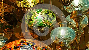 Multi-colored Turkish mosaic lamps on ceiling market in the famous Grand Bazaar in Istanbul, Turkey