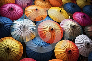 Multi-colored umbrellas, top view. Generative AI