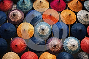 Multi-colored umbrellas, top view. Generative AI