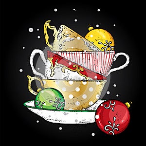 A multi-colored vintage cups with Christmas balls. Vector illustration for a postcard or a poster.
