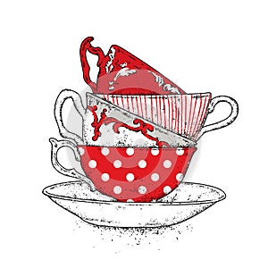 A multi-colored vintage cups with Christmas balls. Vector illustration for a postcard or a poster.