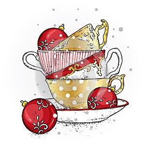 A multi-colored vintage cups with Christmas balls. Vector illustration for a postcard or a poster.