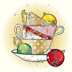 A multi-colored vintage cups with Christmas balls. Vector illustration for a postcard or a poster.