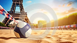 A multi-colored volleyball lies on sand against the backdrop of the Eiffel Tower during sunset, Summer Olympics in 2024